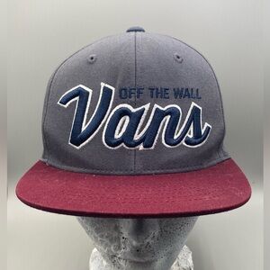 Vans Off The Wall Flat Brim Grey / Burgundy / Blue Script SnapBack Hat